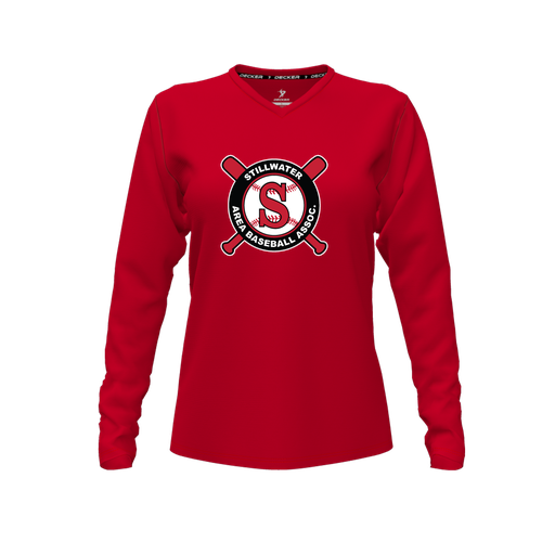 [CUS-DFW-TEES-PER-VNK-LSL-RED-FYXS-LOGO3] Performance T-Shirt (Female Youth XS, Red, V Neck, Logo 3, Long Sleeve)